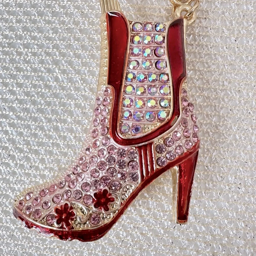 New Pink & Red Rhinestone Sparkling Cowboy Boot Keychain Bag Charm in Goldtone